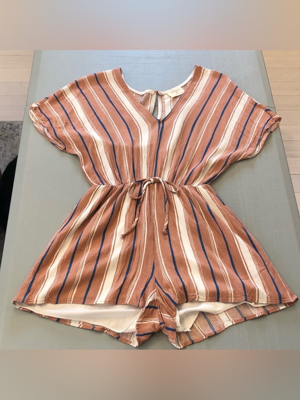 Everly Striped V-Neck Tie-Waist Romper in Rust and Cream